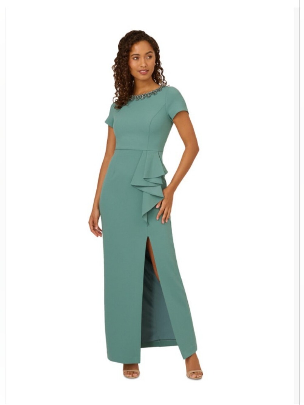 Women's Size 6 Adrianna Papell Crepe Embellished-Neckline Column Sheath Gown